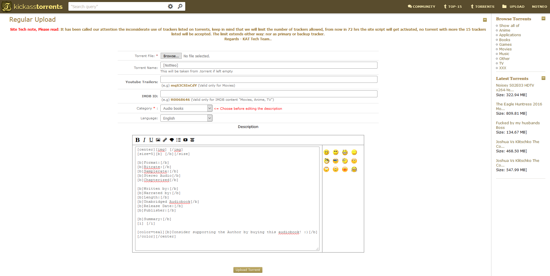 KAT [katcr.co] Default values for Uploads Source code