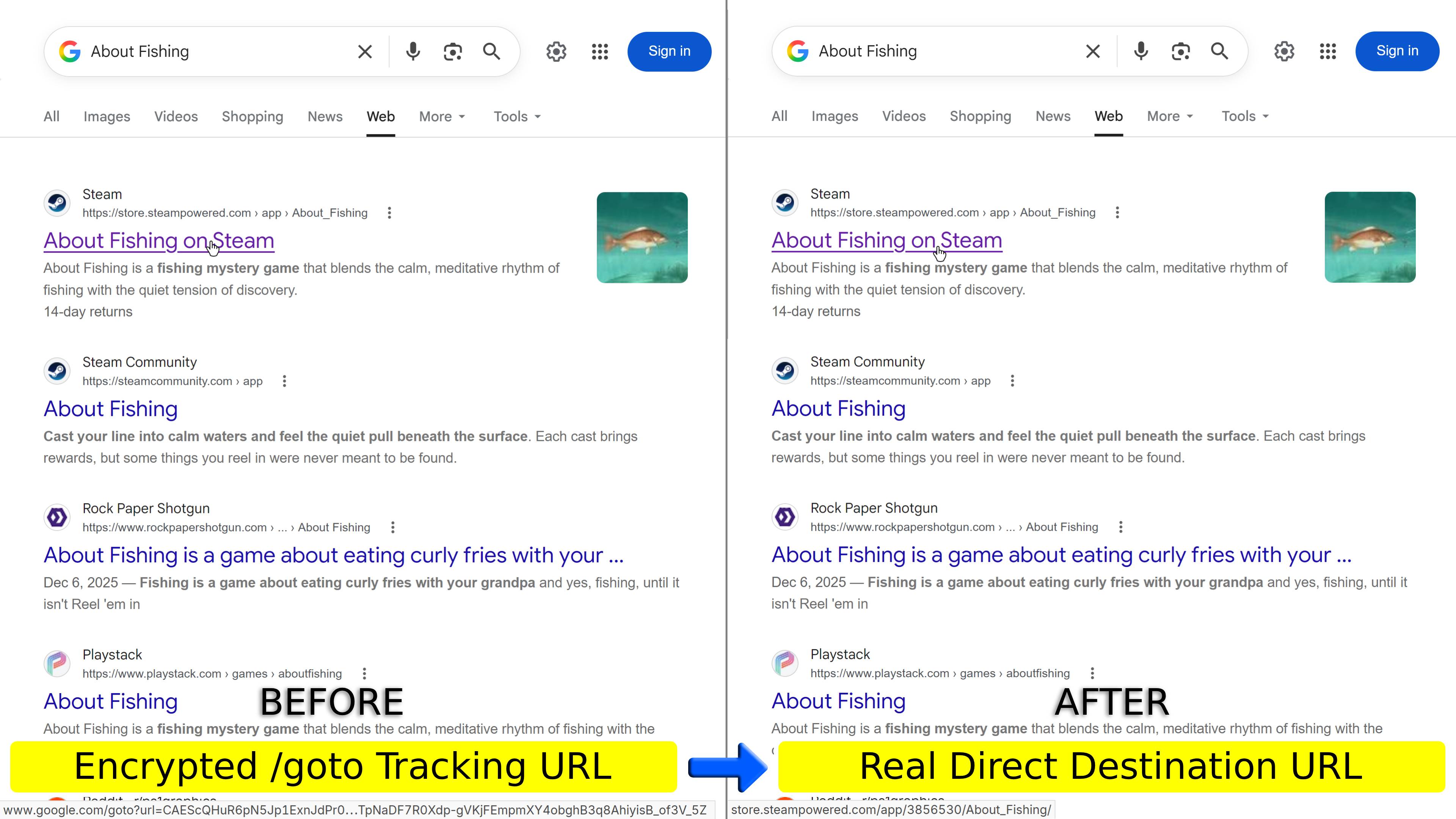 Google Search Direct Links (Bypass /goto) - Before & After