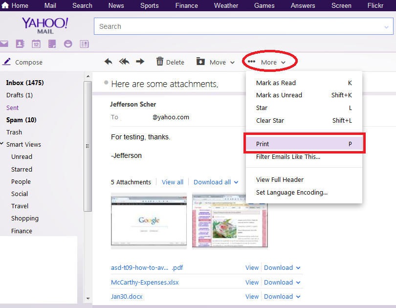 Yahoo Mail Attachment List in Print View