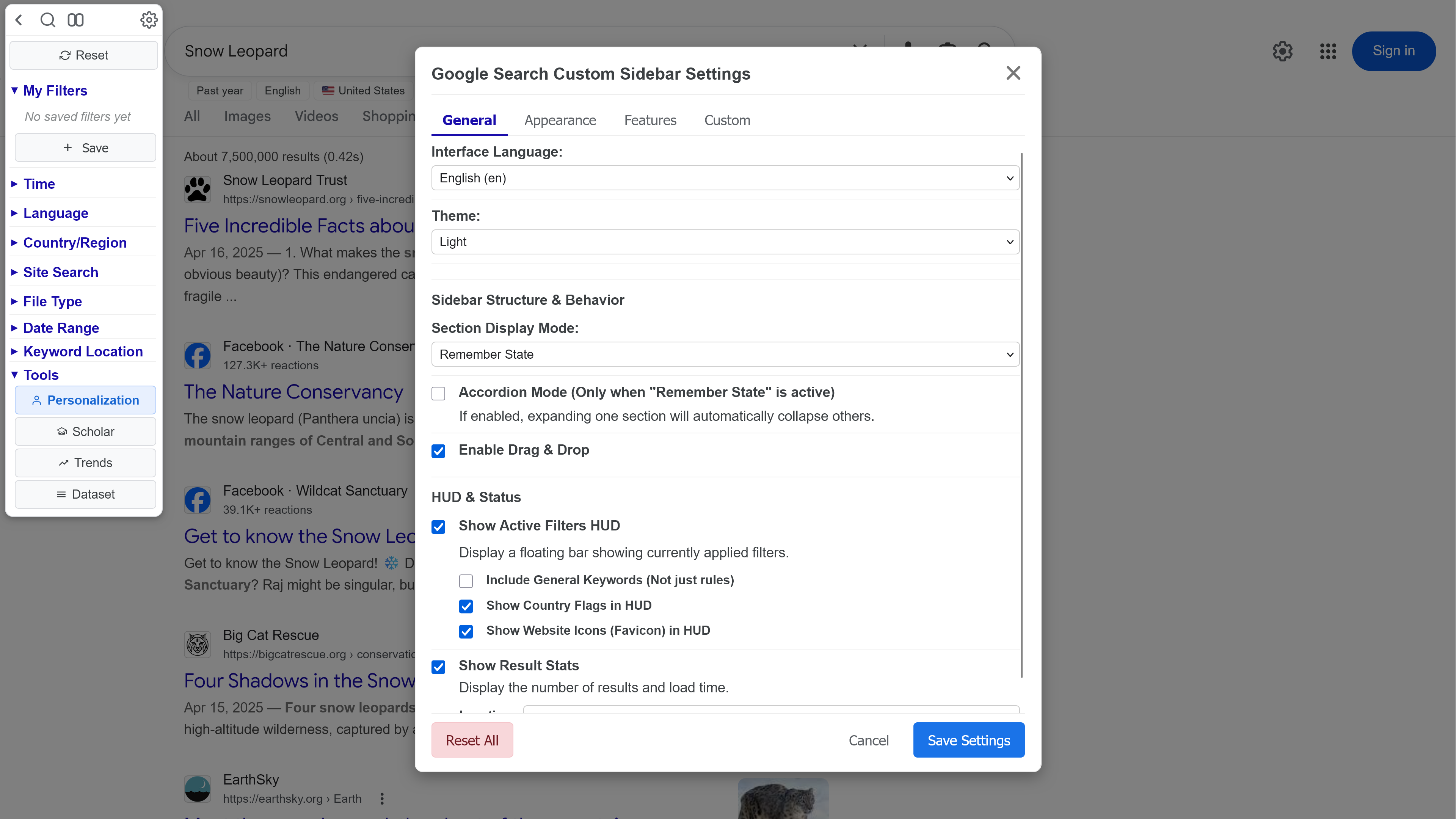 Google Search Custom Sidebar — Settings Panel