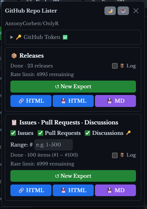 GitHub | Repo Exporter — Releases · Issues · PRs · Discussions