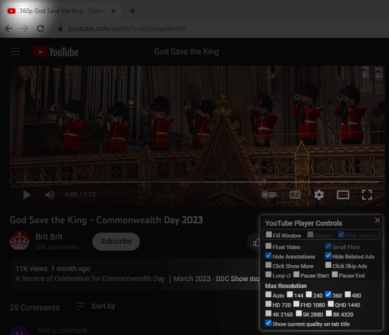YouTube Player Controls 1.3.3 fork July 2023 set video quality