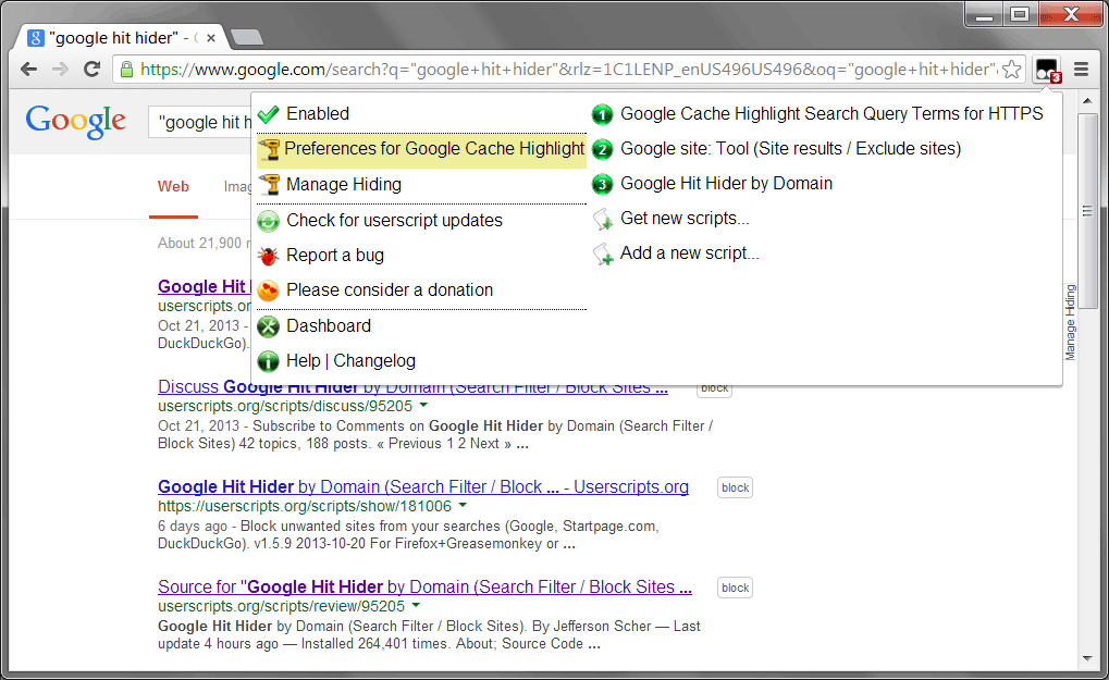 Tamper menu in Chrome