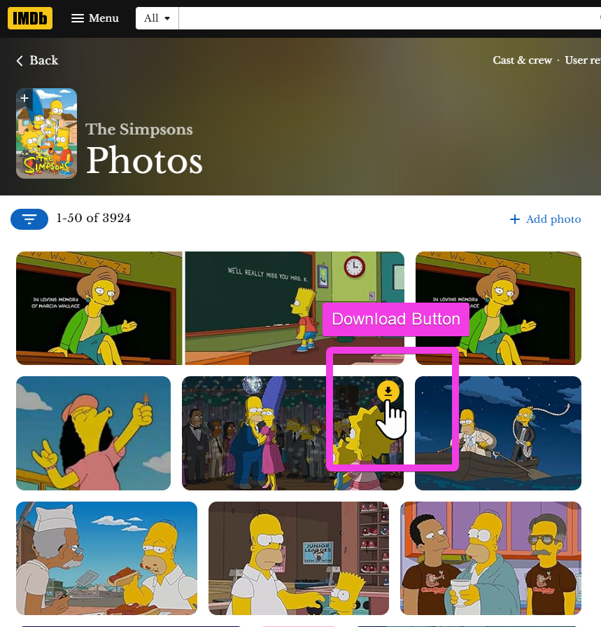 Gallery mosaic grid view with download buttons on each tile