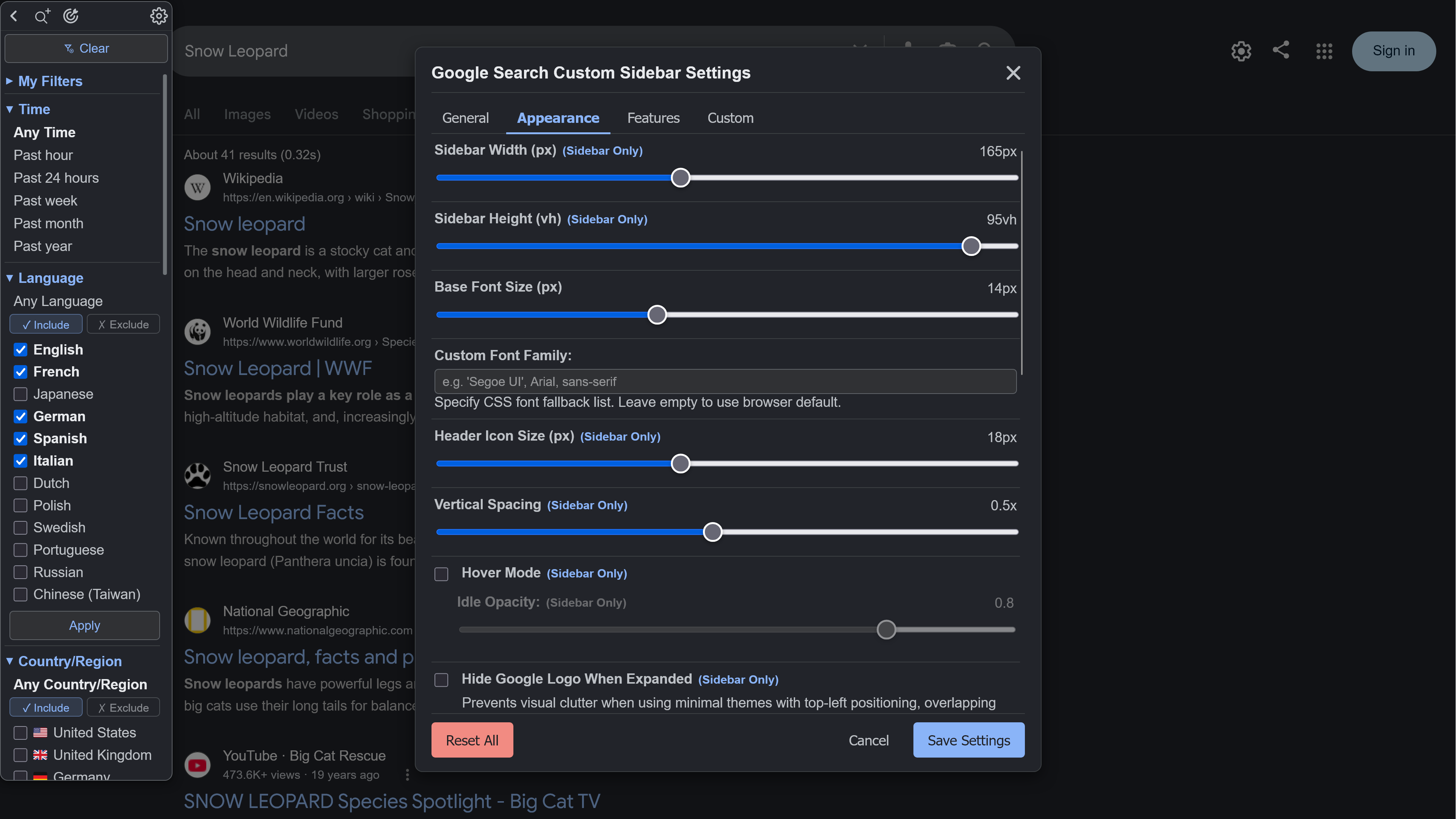 Google Search Custom Sidebar — Settings Panel
